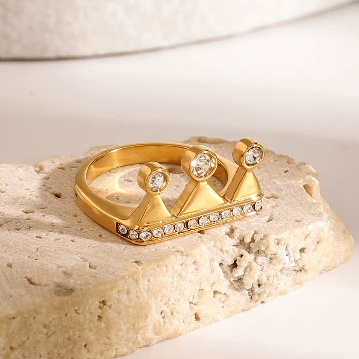 Crown Zircon 18K Gold Plated Stainless Steel Adjustable Ring