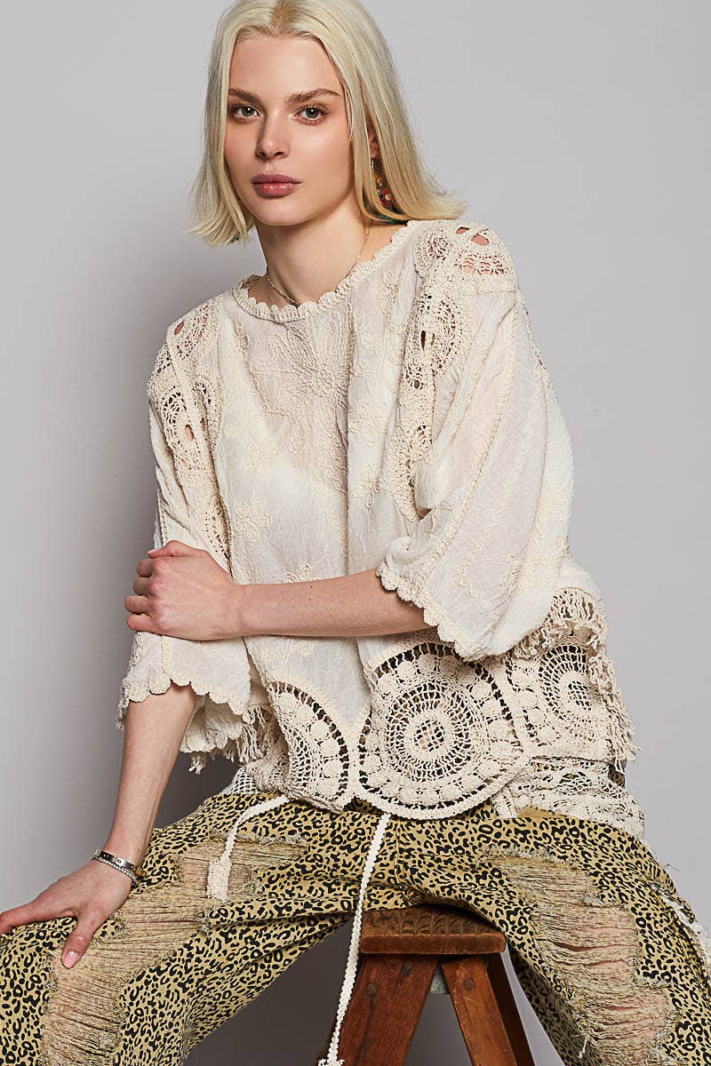 Round Neck Short Sleeve floral Embroidery Top - One Size