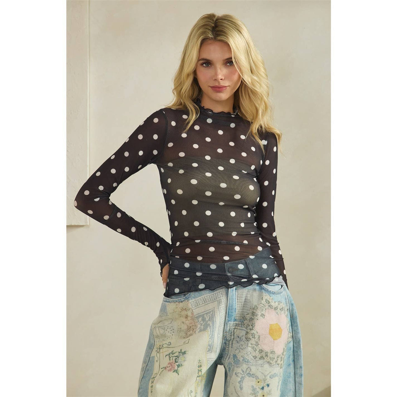 Polka Dot Lace Long Sleeve Layering Top