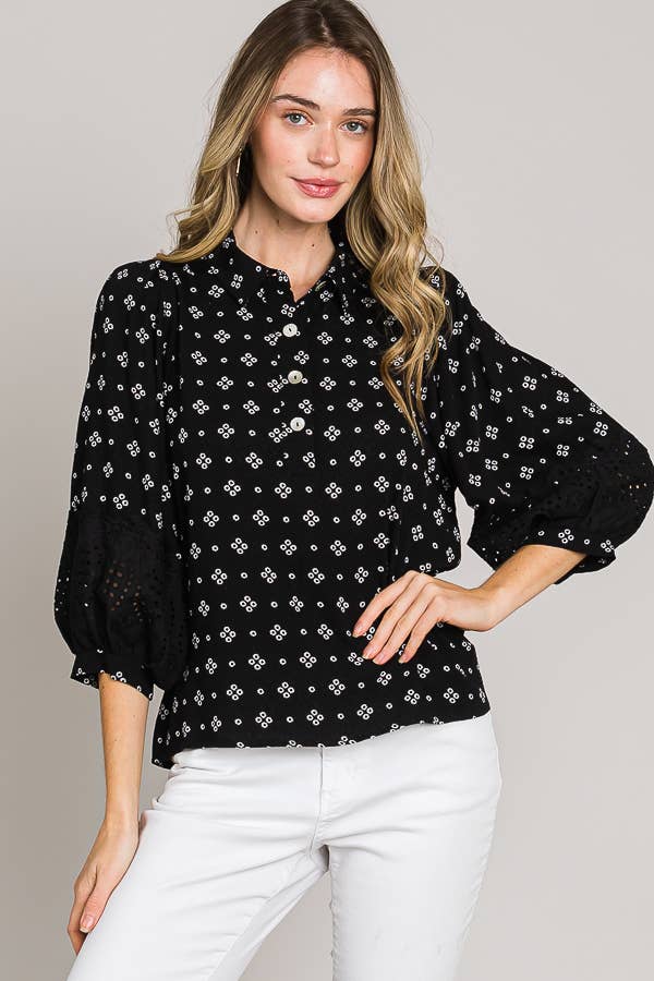 Bracelet Sleeve with Embroidered Eyelet Lace Trim Blouse