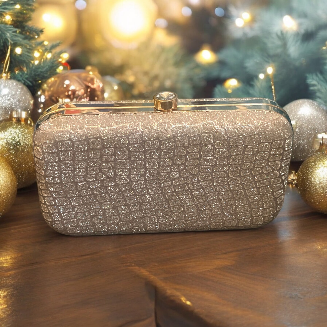 Pattern Shimmer Clutch Bag w/Gold Crossbody