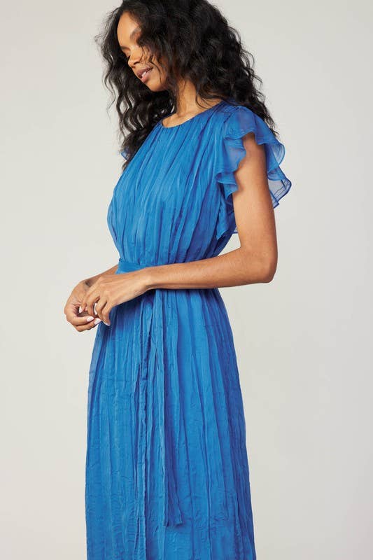 Flutter Short-sleeve Crinkle Midi Dress w/Self Tie