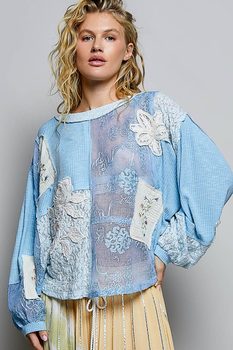 Round Neck Long Sleeve Crochet Embroidered Patch Lace Top