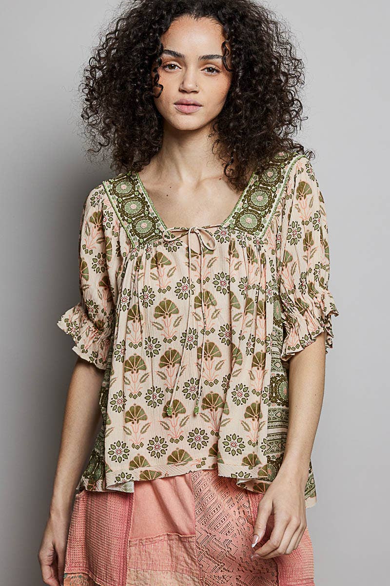 Feminine Scoop Neck Beads Trim Accent Woven Top