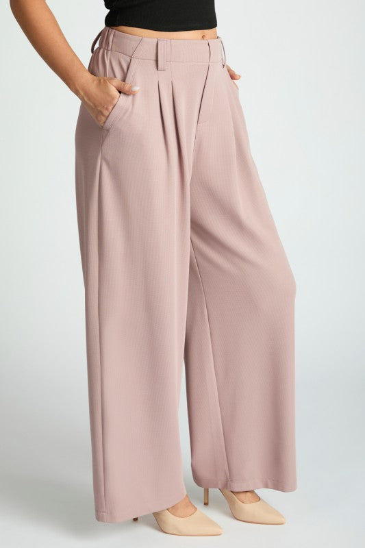 Wide Leg Waffle Textured Pleated Pants-Pink