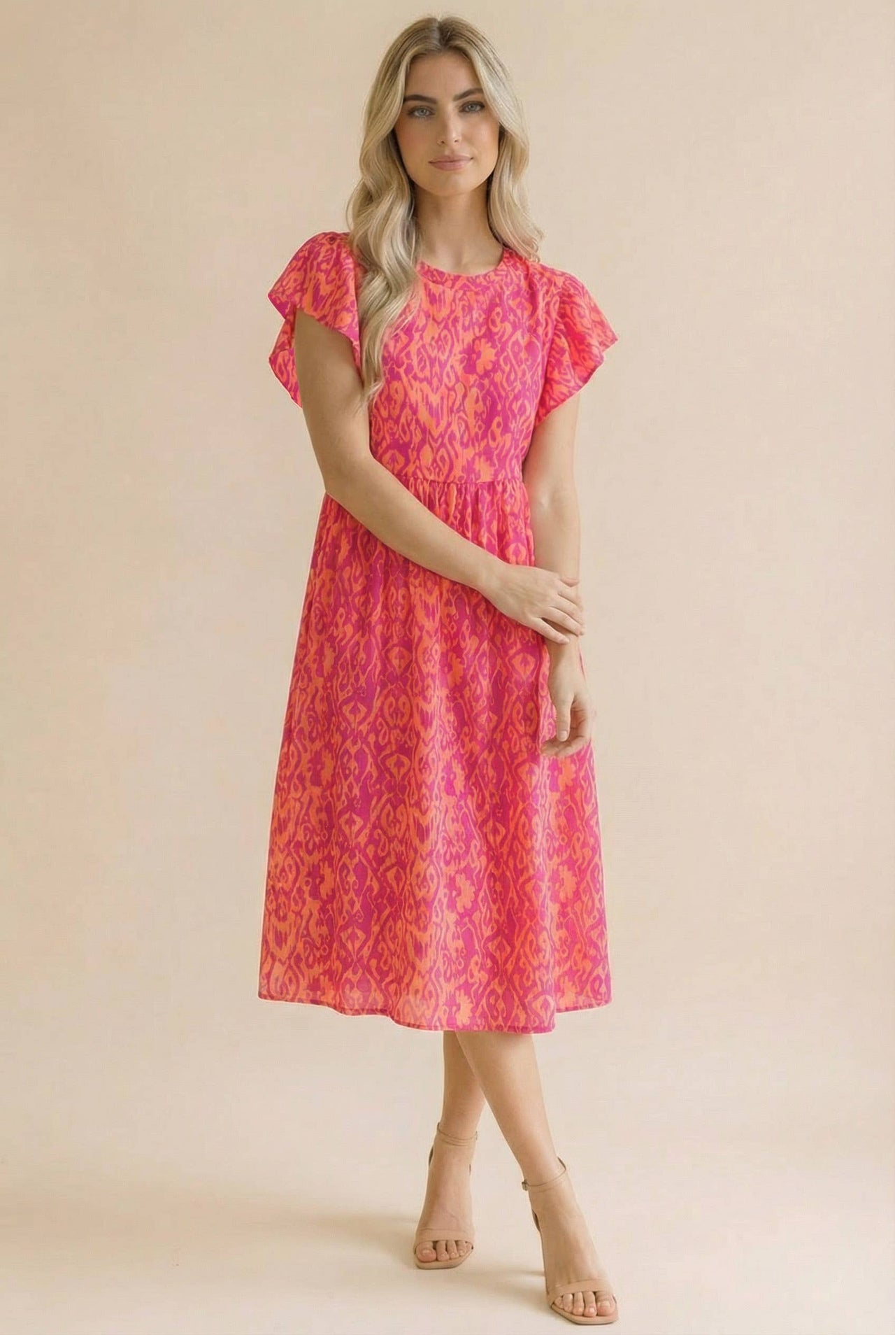 Round Neck Ruffle Sleeve Ikat Babydoll Dress