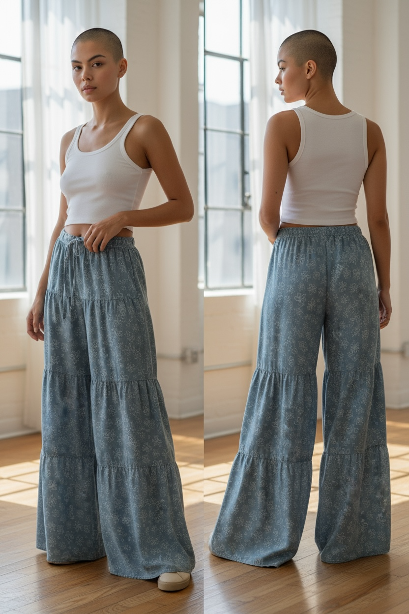 Tiered Floral Wide Flared Denim Pants