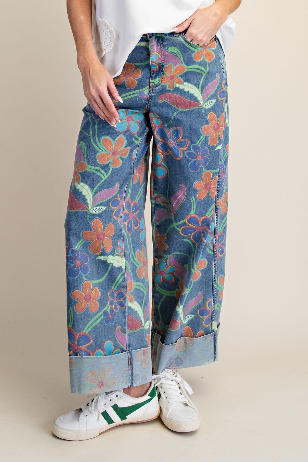 Floral Print Washed Stretch Denim Pants