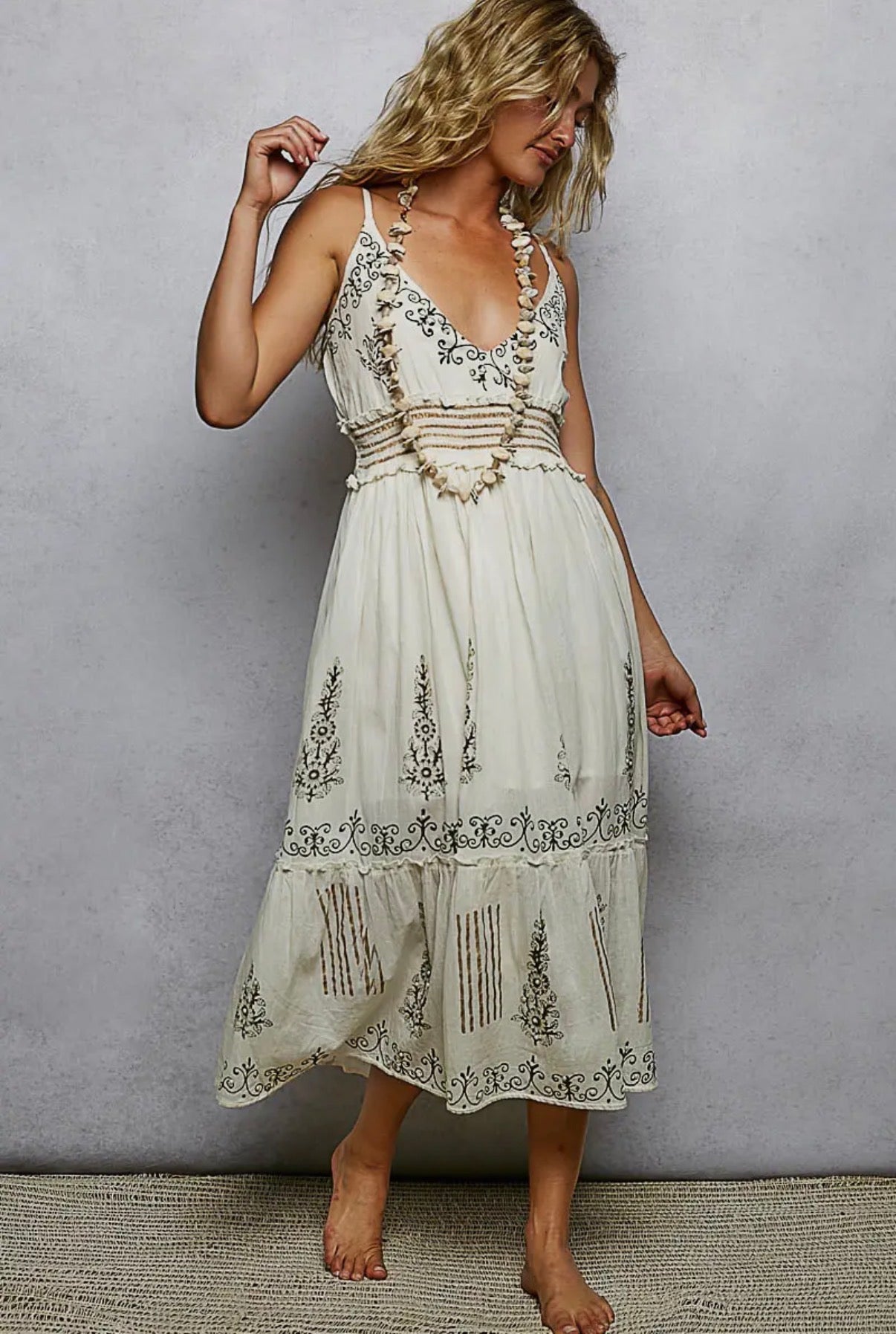 POL Smocked Band Ruffle Woven Dress w/Pearls - Natural