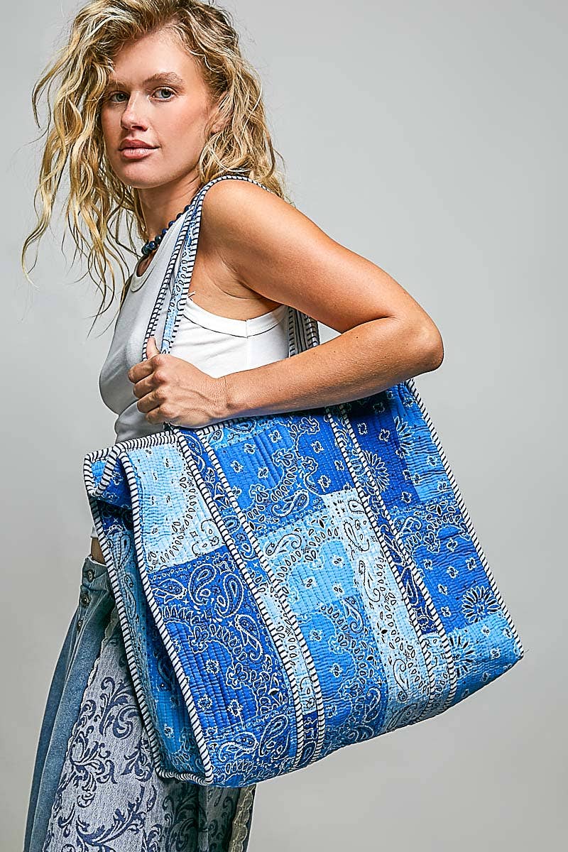 Quilted Striped Binding Roomy Fit Blue Tote Bag