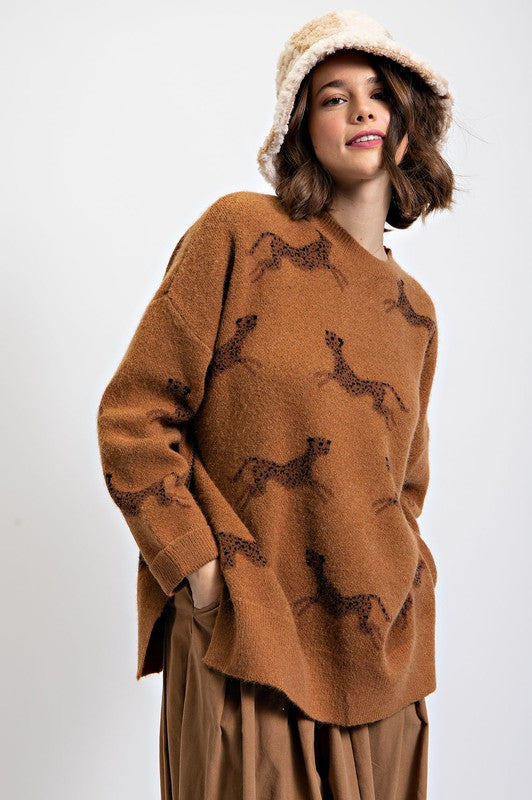 Easel Plus Round Neck Drop Shoulder Cheetah Printed Sweater