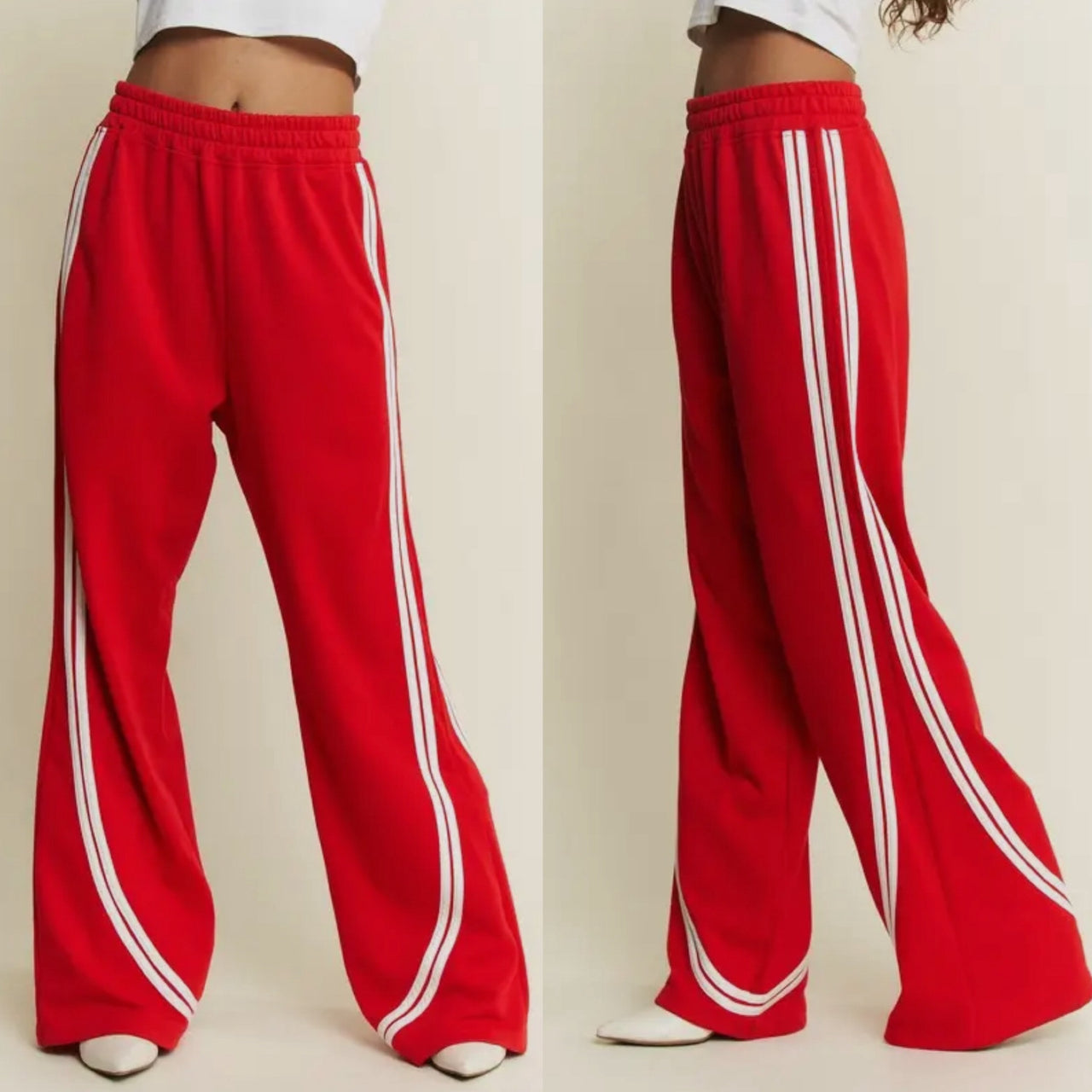 Solid Side Stripes Wide Leg Pants-Red