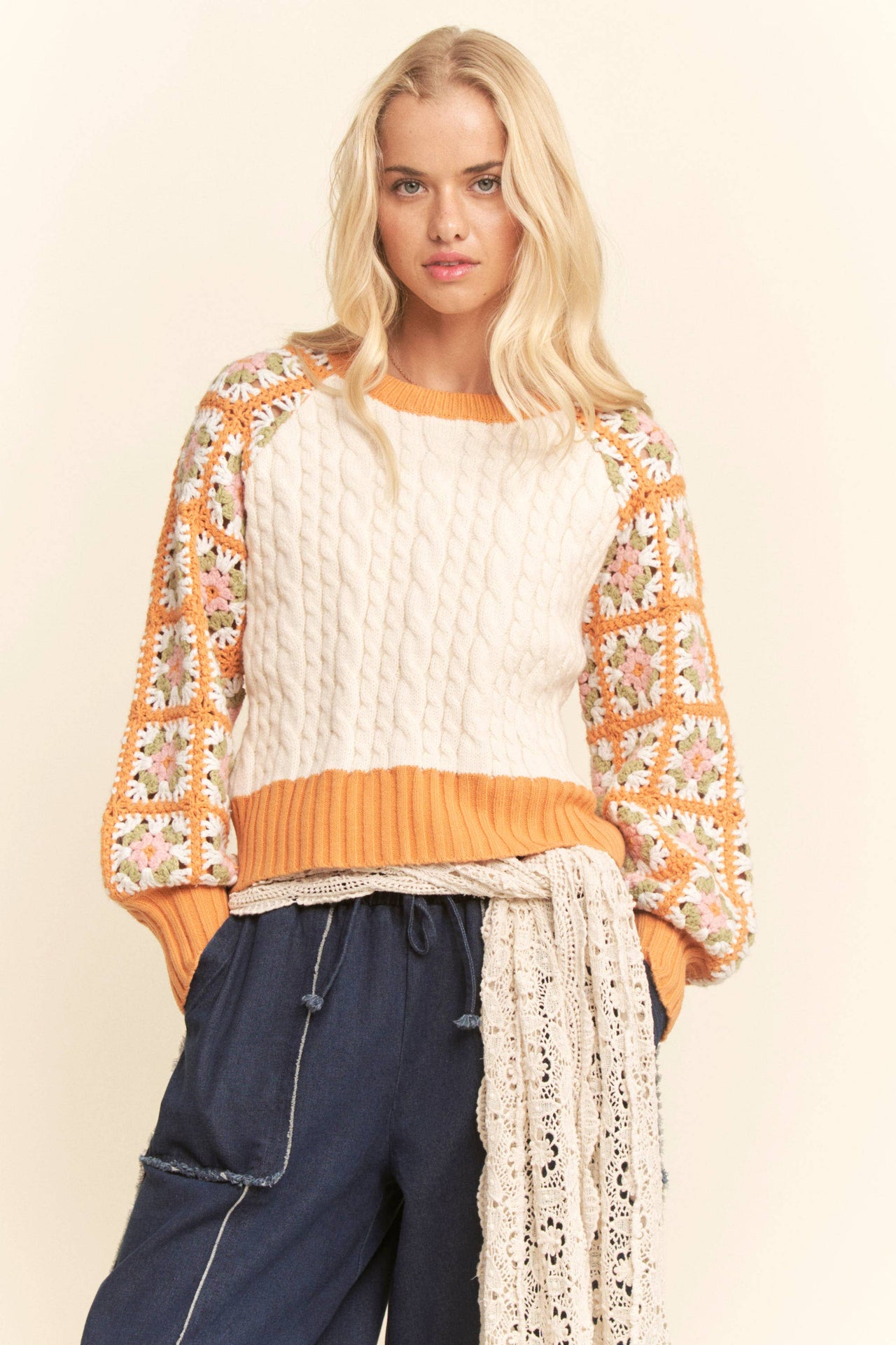 Crochet Sleeve Cable Knit Ribbed Cuffs Textured Sweater Top