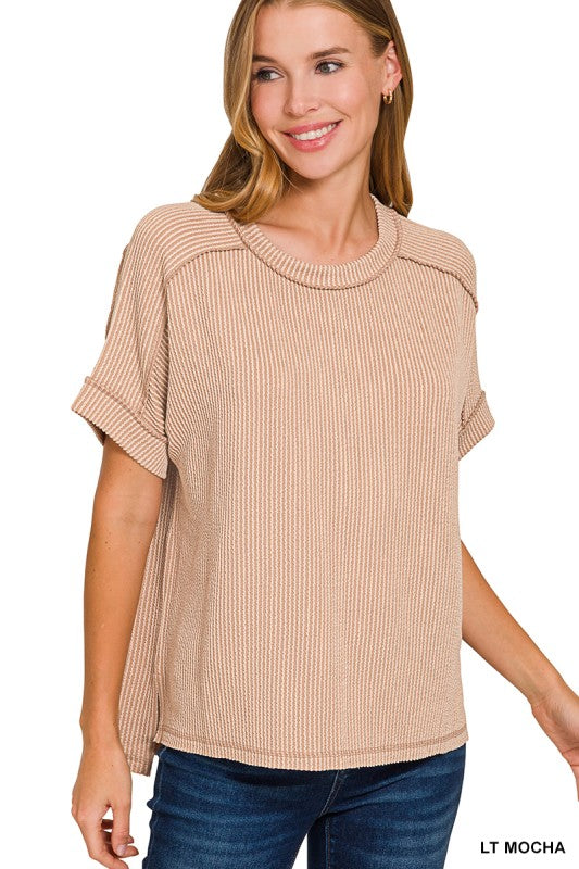 Raised Rib Cuff Sleeve Raw Edge Top