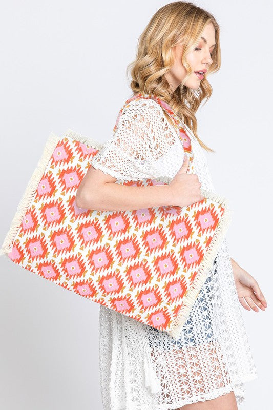 Boho Diamond Pattern Fringe Tote Bag