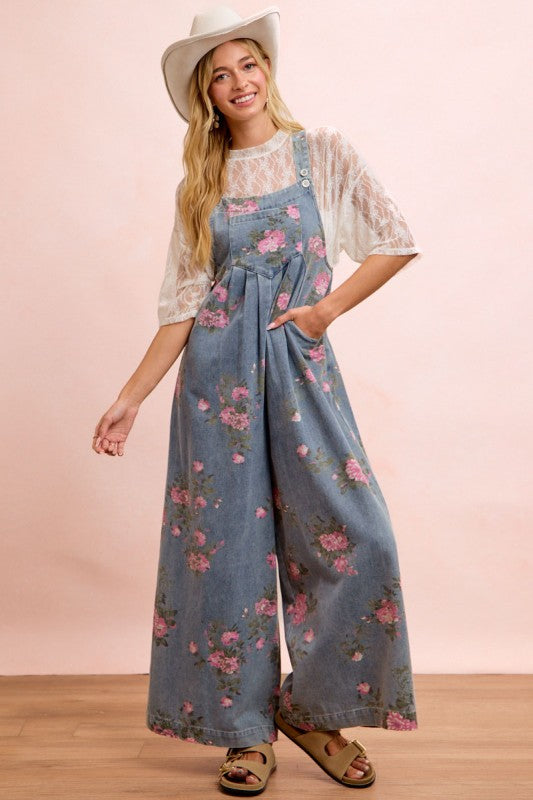 Flower Print Washed Denim Wide Leg Overalls/Jumpsuit