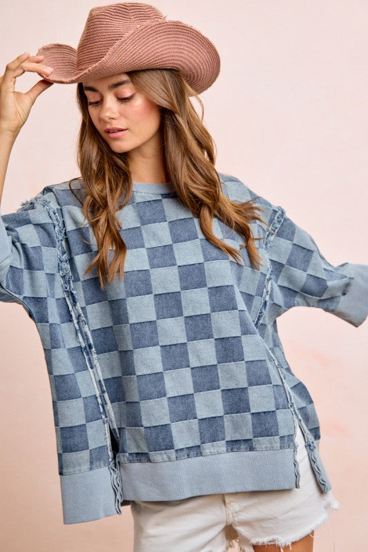 Washed Checkered Denim Open Seam Detail Short Sleeve Top