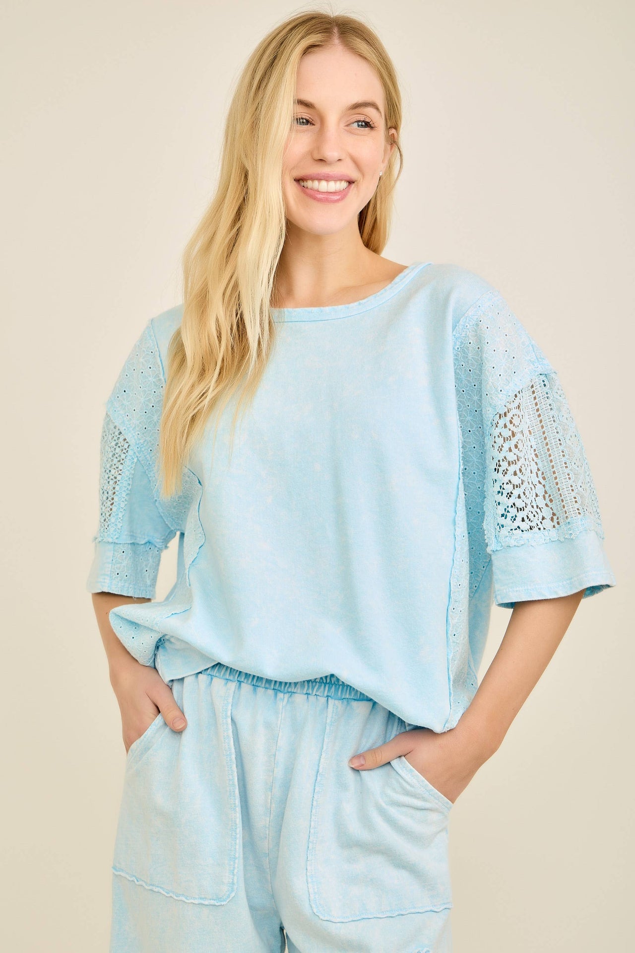 Mineral Washed Lace and Eyelet Blouse Top