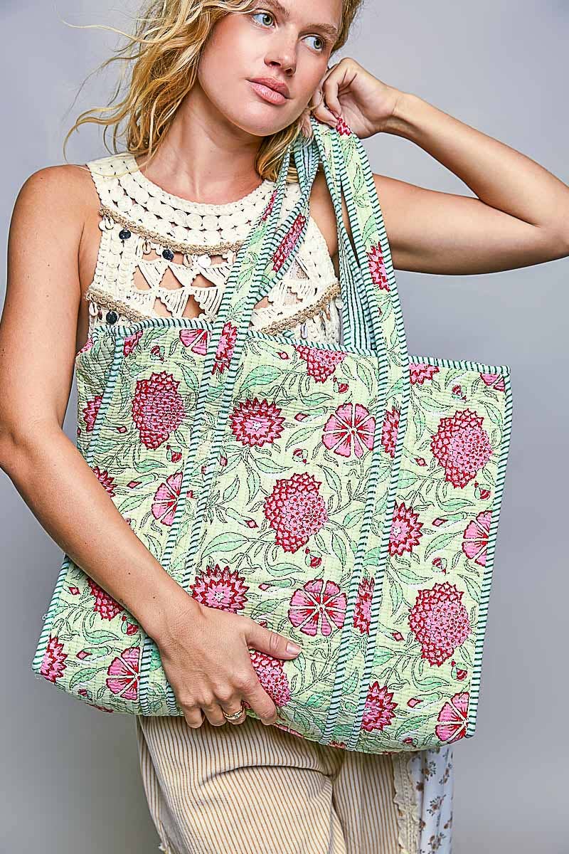 Bohemian Bias Tape Detail Roomy Fit Mint Tote Bag