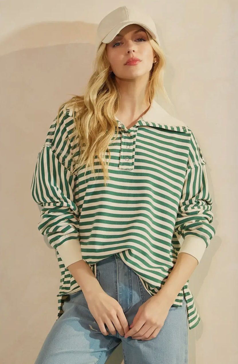 Striped Print Oversized Henley Collared Pullover