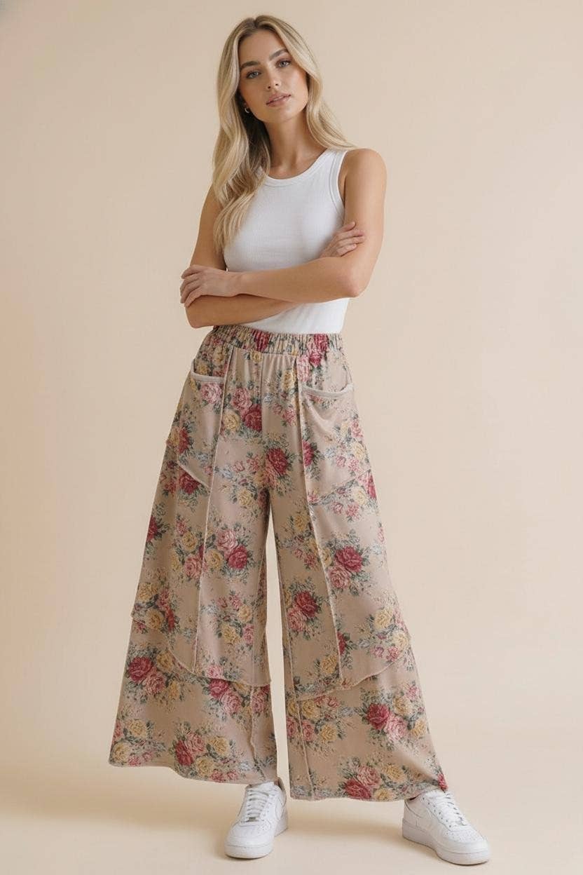 Plus Elastic Waist Wide Leg Vintage Floral Pant