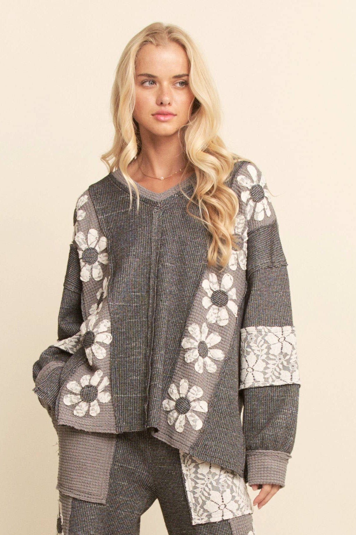 Waffle Knit Lace Flower Sweatshirt Top