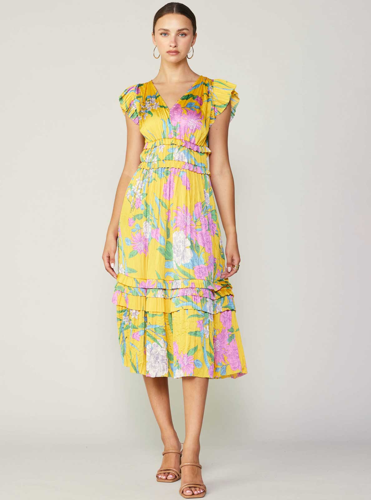 Marigold Multi Floral Print Pleated Midi Dress