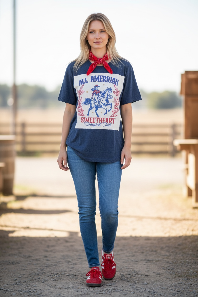 All American Sweetheart White Patch on Heather Navy Crew TShirt
