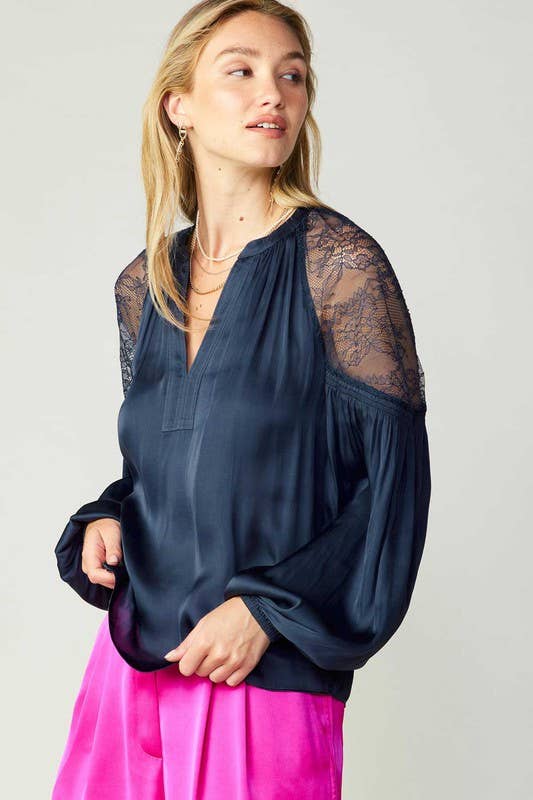 Lace Shoulder Long-sleeve Split Neck Blouse