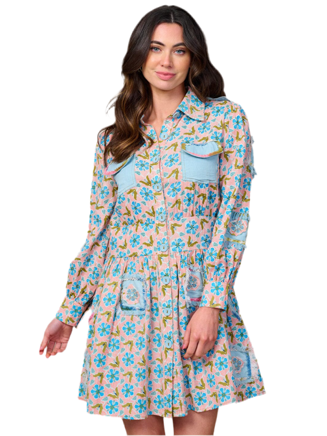 Long Sleeve Button Closure Pockets Smock Waist Floral Mini Dress