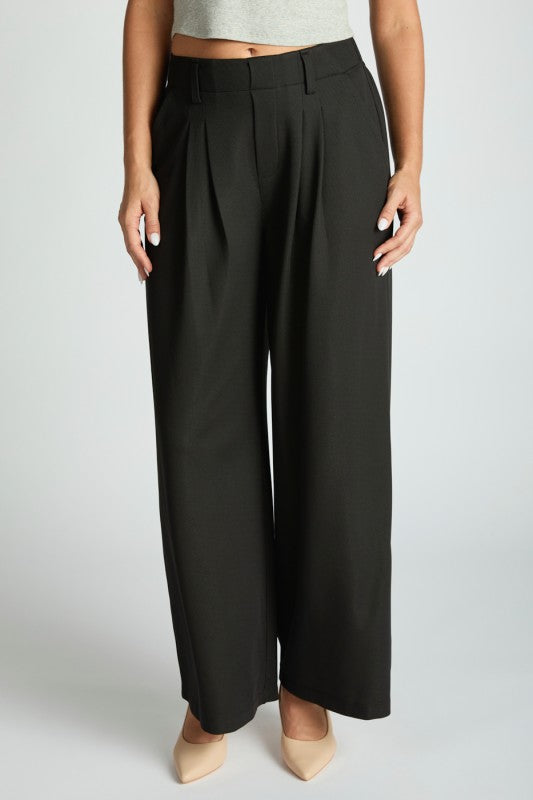 Wide Leg Waffle Textured Pleated Pants-Black