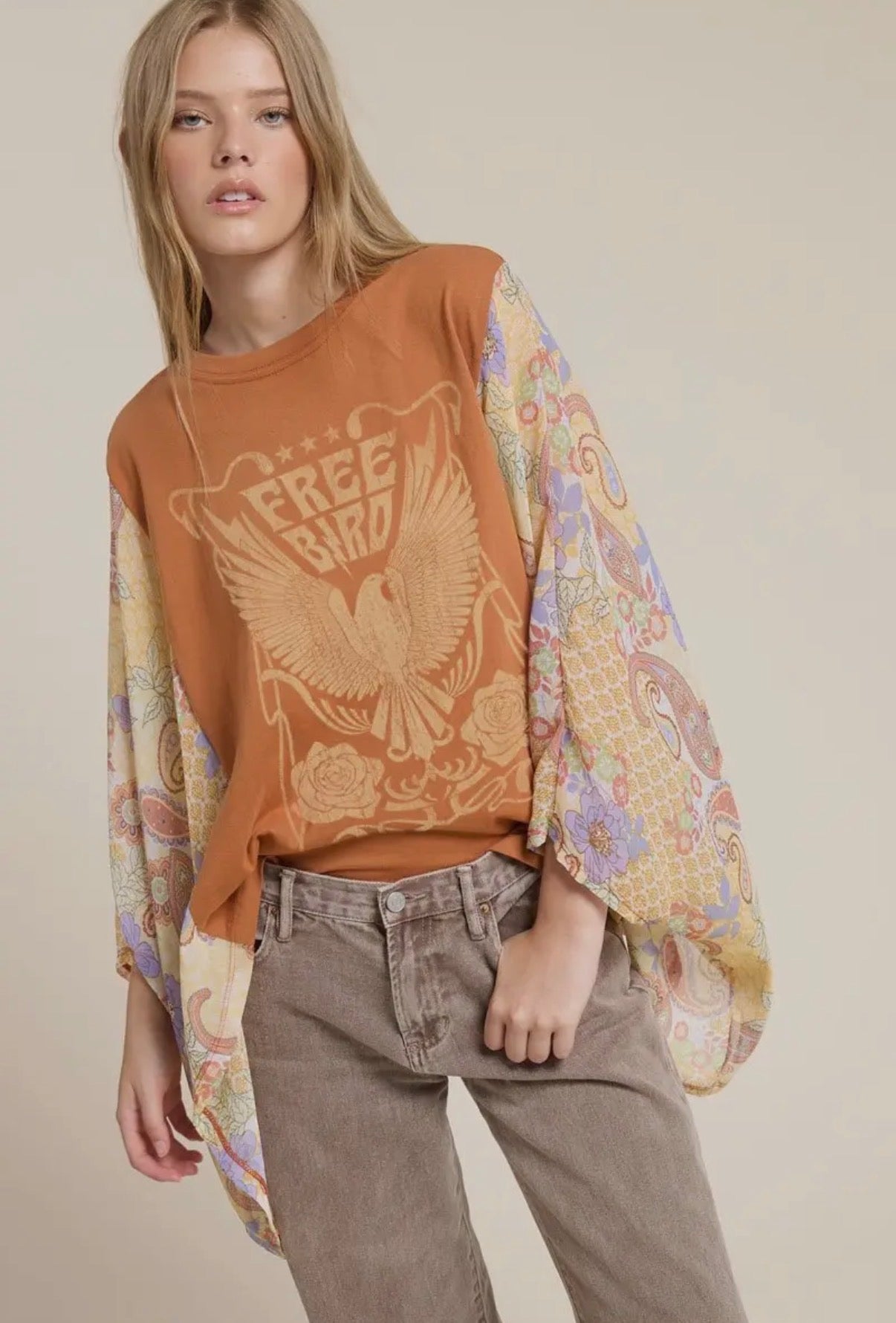 Free Bird Vintage Graphic Sheer Sleeve Top
