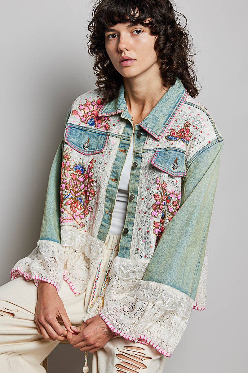 Boho Embroidered Denim Lace Trim Jacket