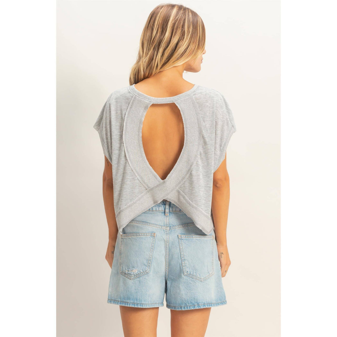 Boxy Crew Neck Cutout Back Top