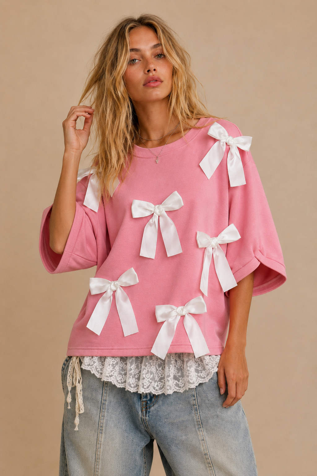 Rosy Bow-Embellished Short-Sleeve Top