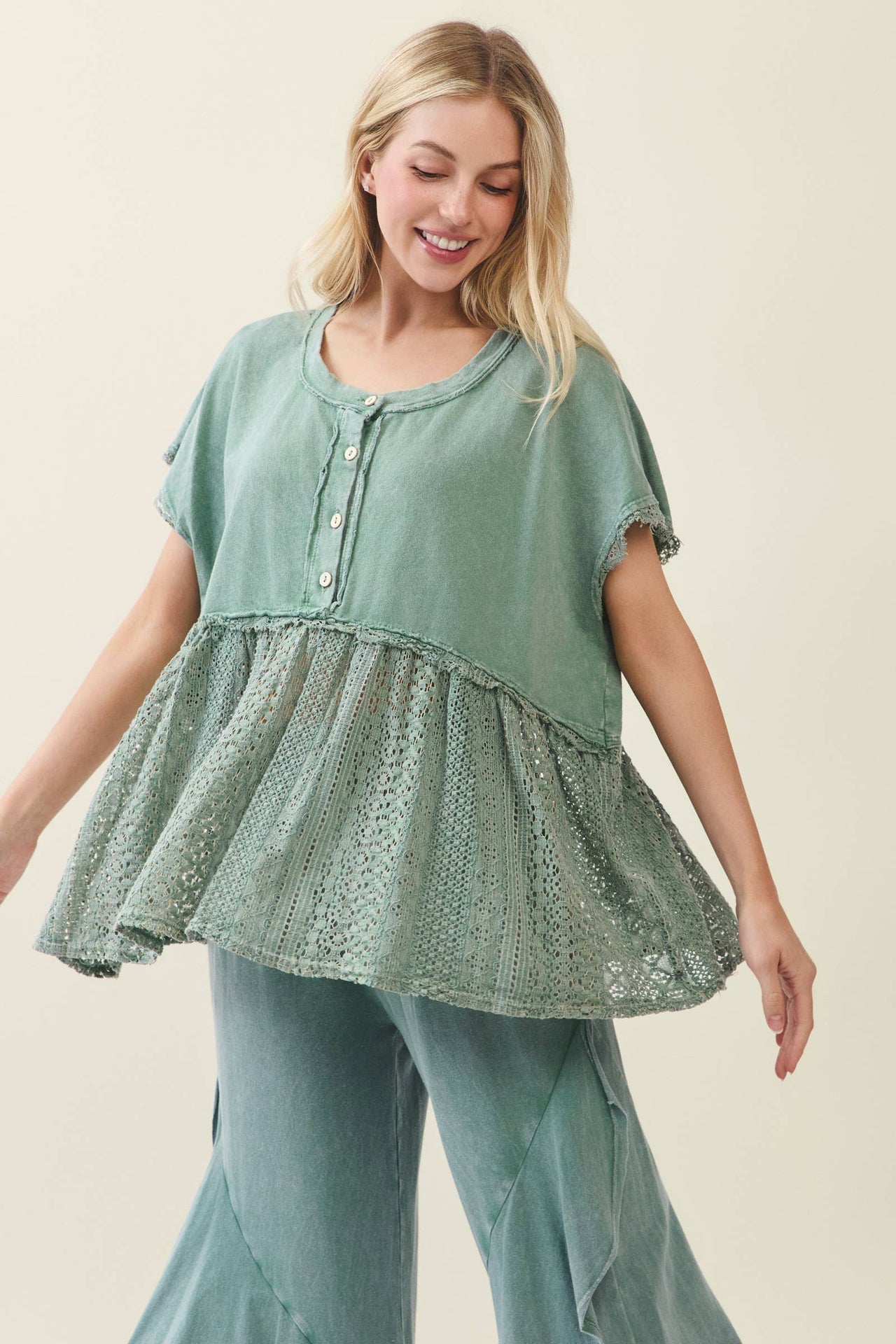Mineral Washed Lace Babydoll Blouse Top
