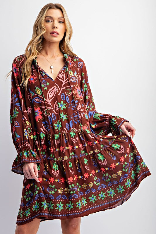 Easel Plus Floral Printed Gauze Chocolate Dress