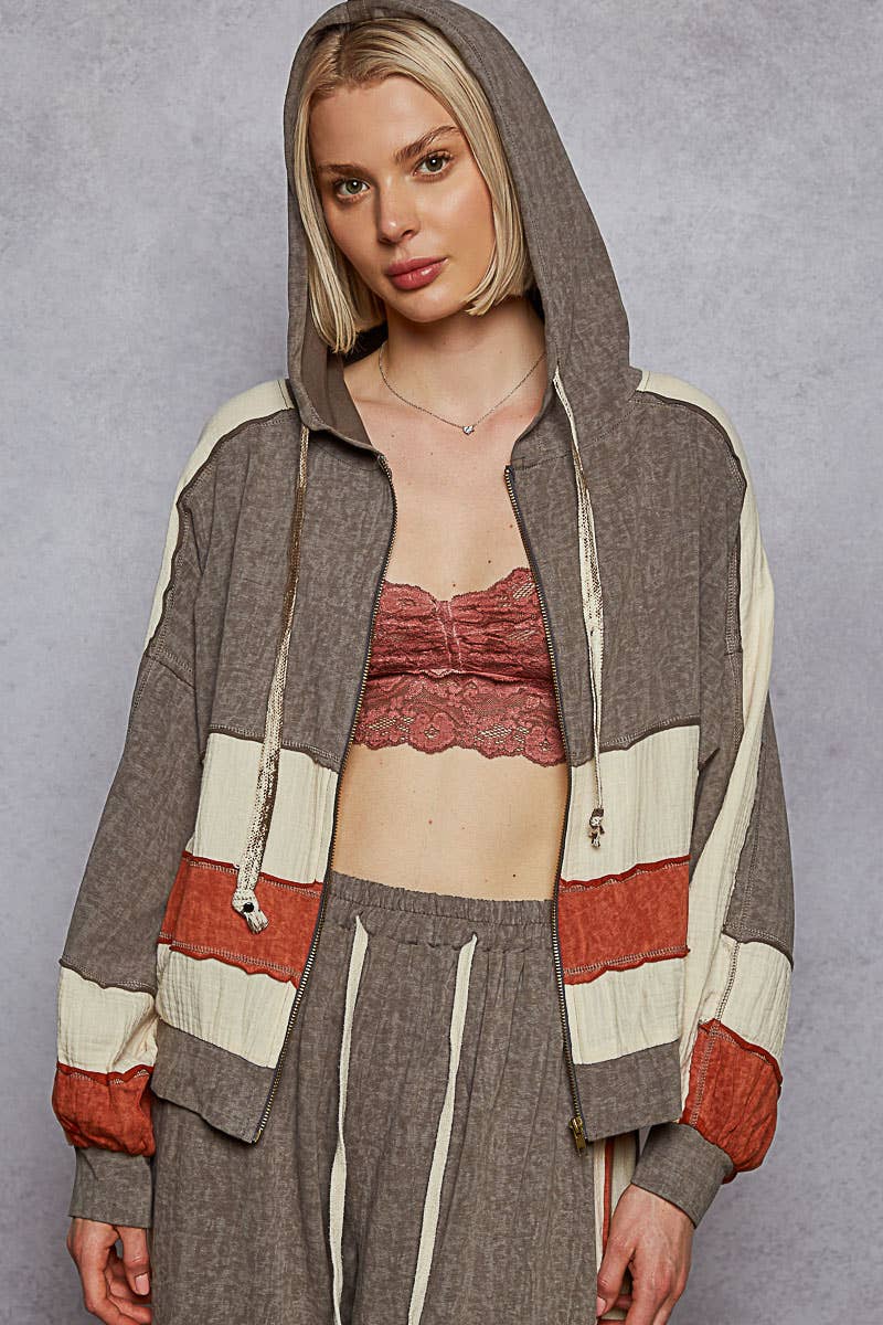 Vintage washing double gauze patch solid hooded zip up top