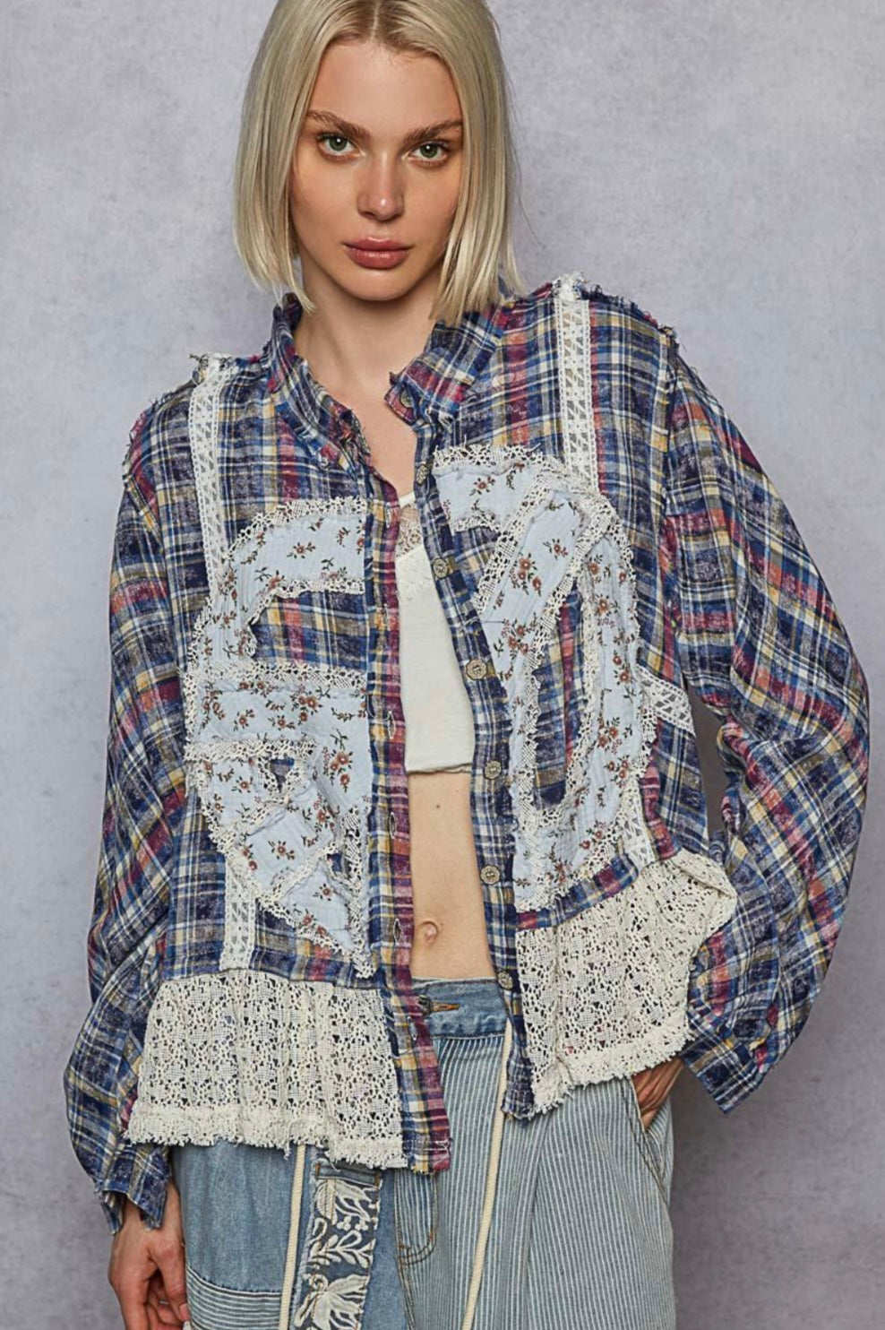 POL Plaid & Lace Full Zipper Peace Sign Plaid Shacket