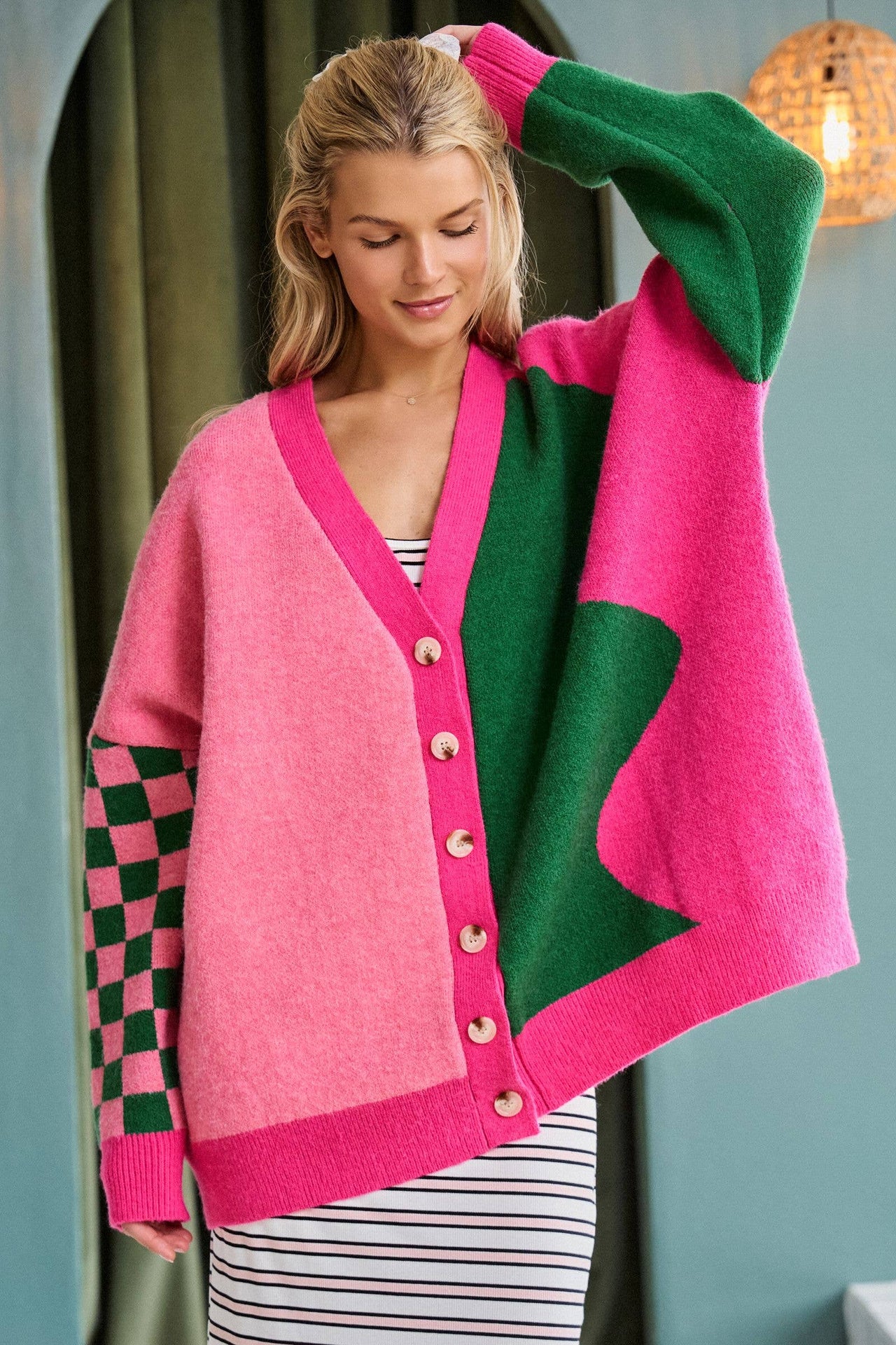 Color Block Mix Pattern Oversized Cardigan