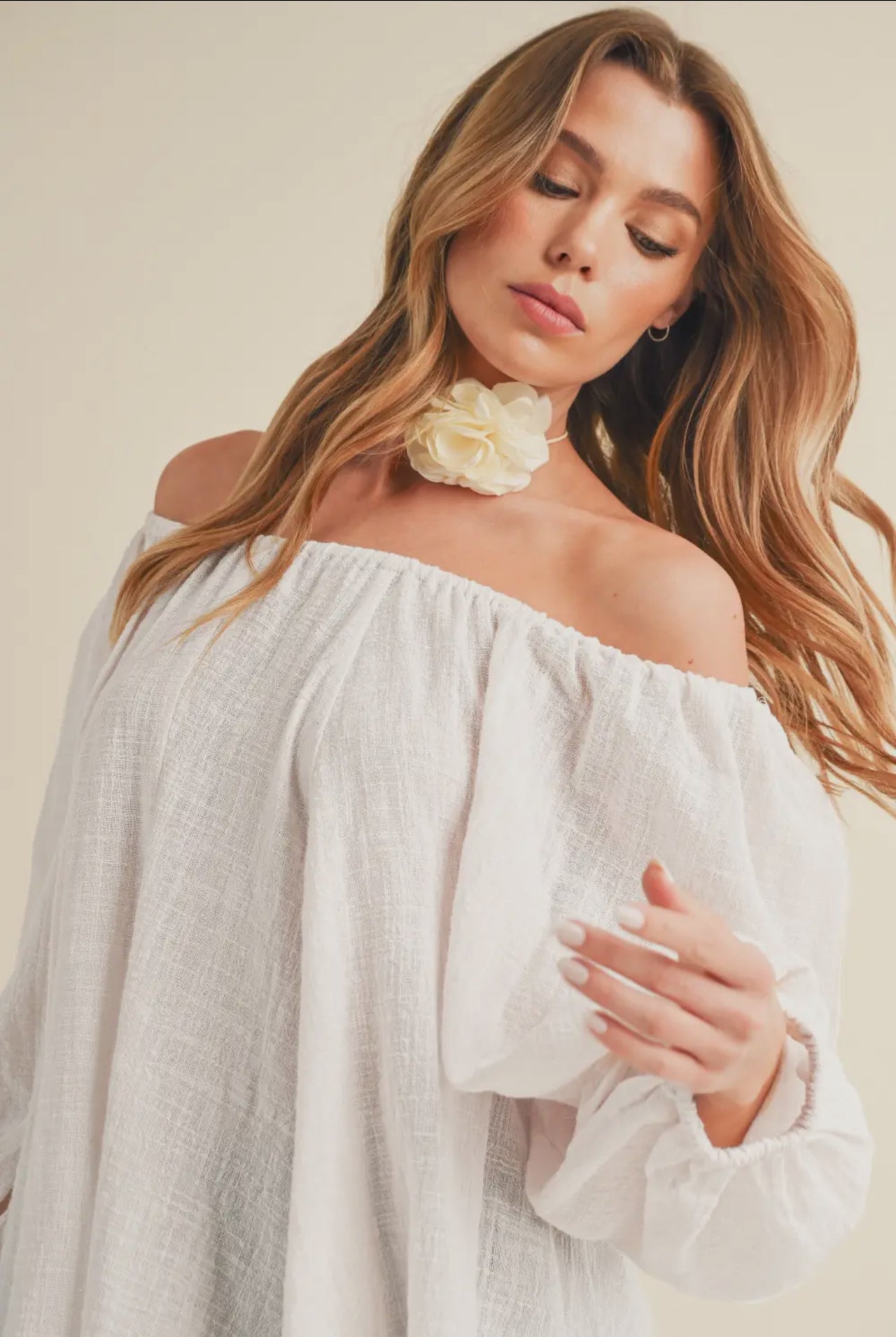 Oversize Flowy Off Shoulder Cotton Tunic Top-White
