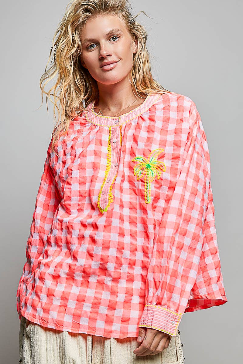 Graphic Palm-Tree Embroidery Paid Blouse Top