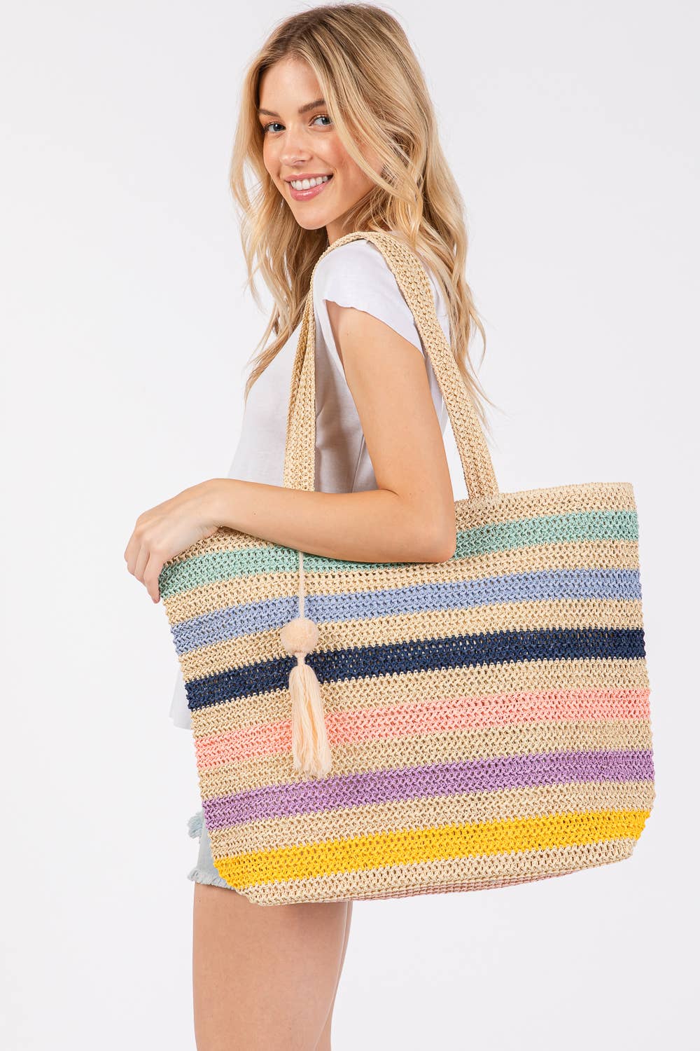 Amara Striped Crochet Women's Tote Bag with Tassel