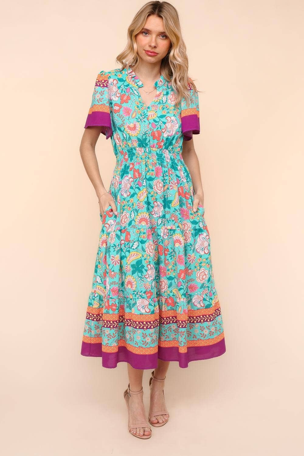 Maxi Floral Border Print Dress W/side Pockets