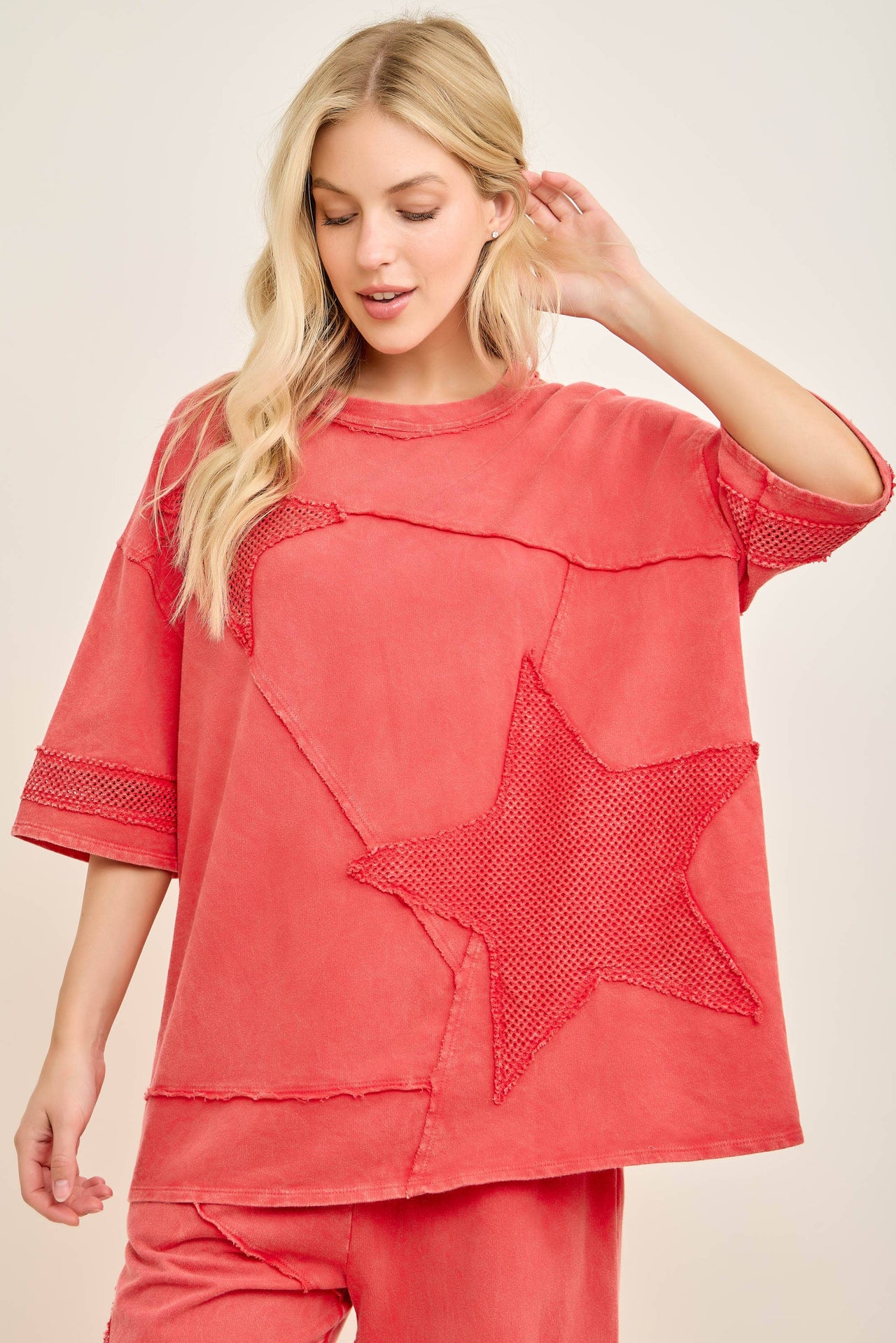 Mineral Washed Mesh Star Patched Top