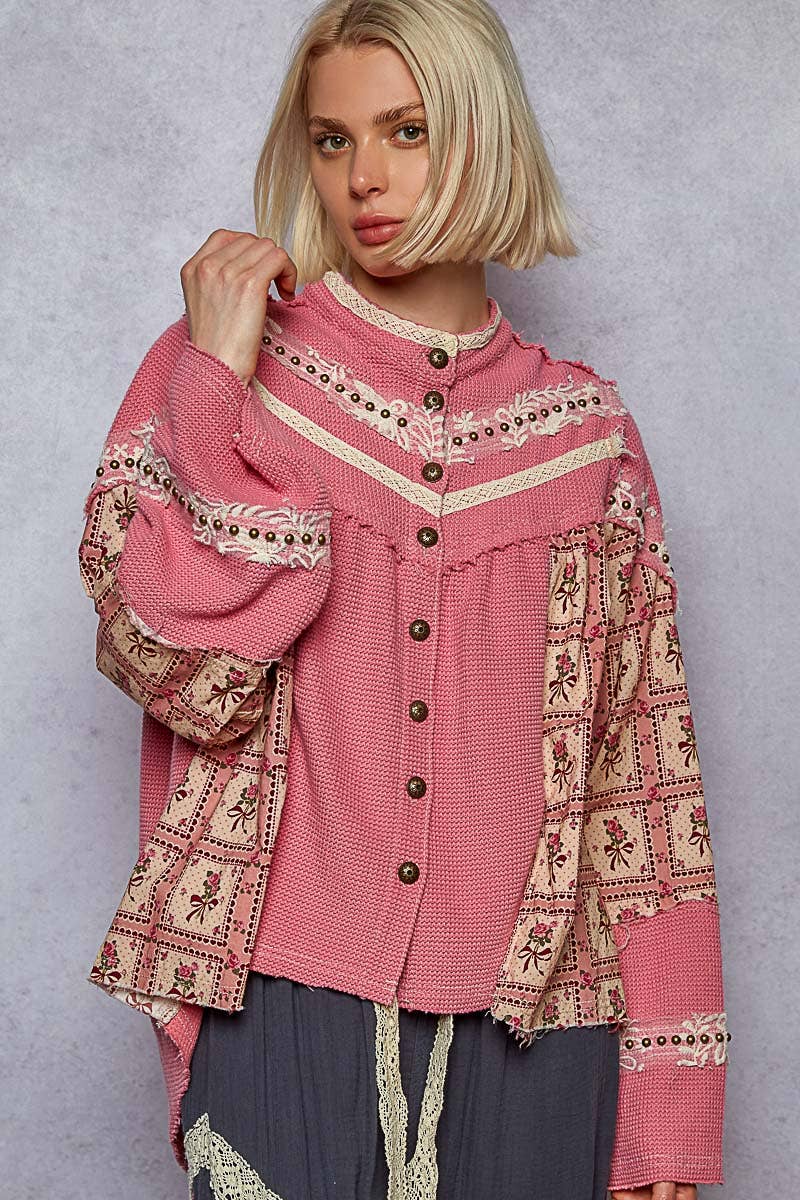 High Neck Printed Contrast Stud Button Down Shirt Top