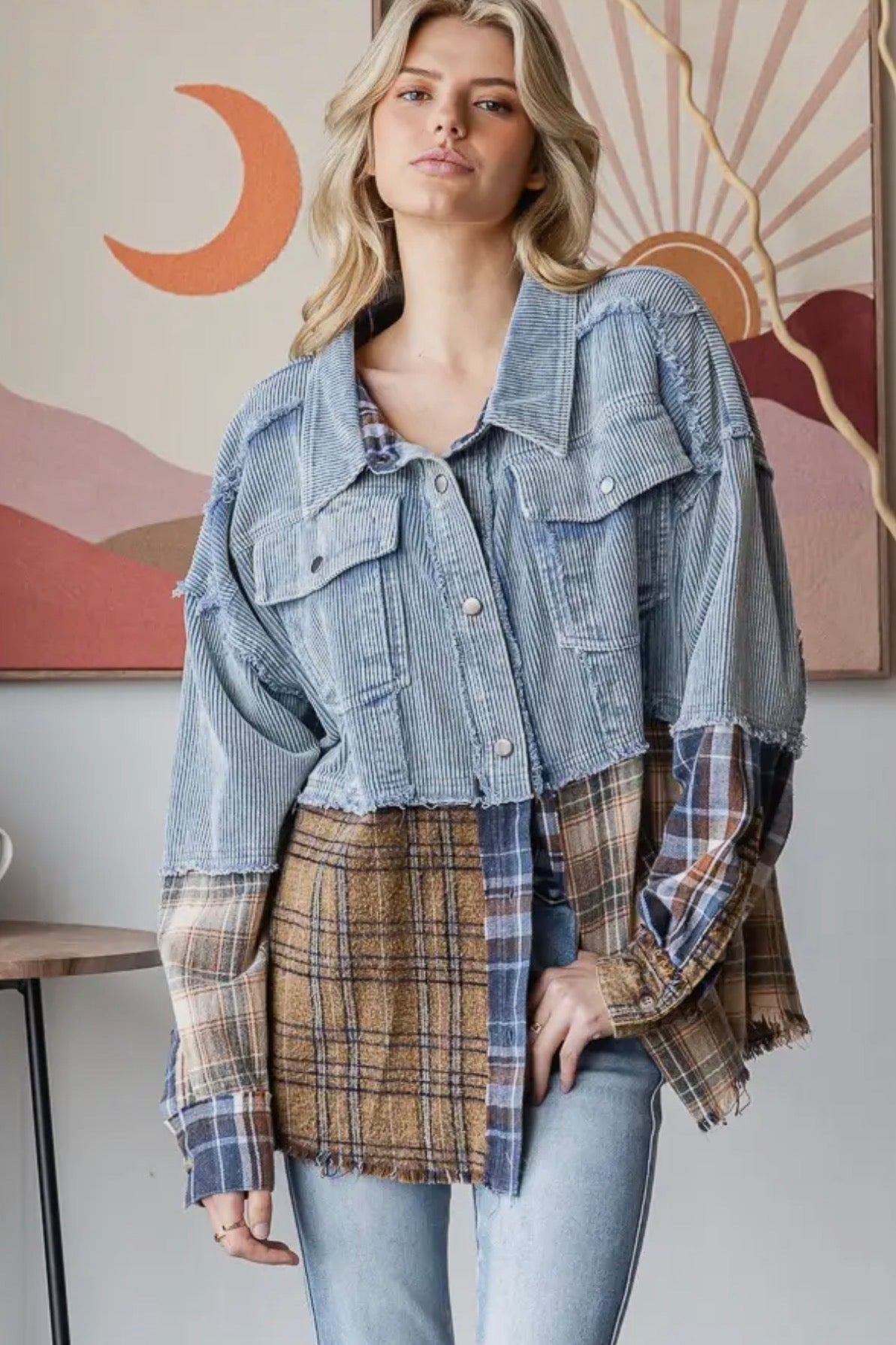 Washed Plaid Mix Denim Color Block Shacket