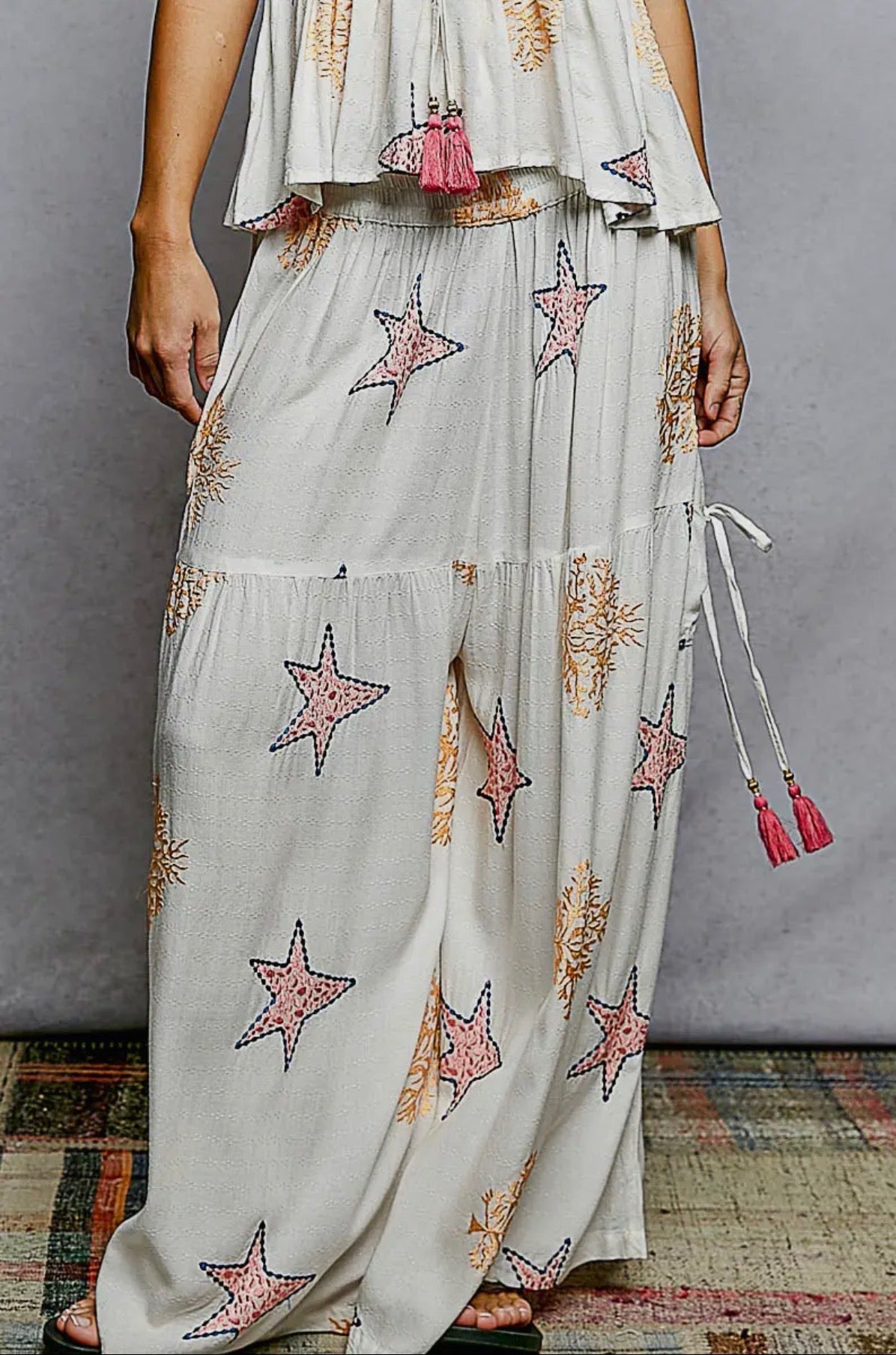 POL Star Embroidery Tassel Pocket Wide Leg