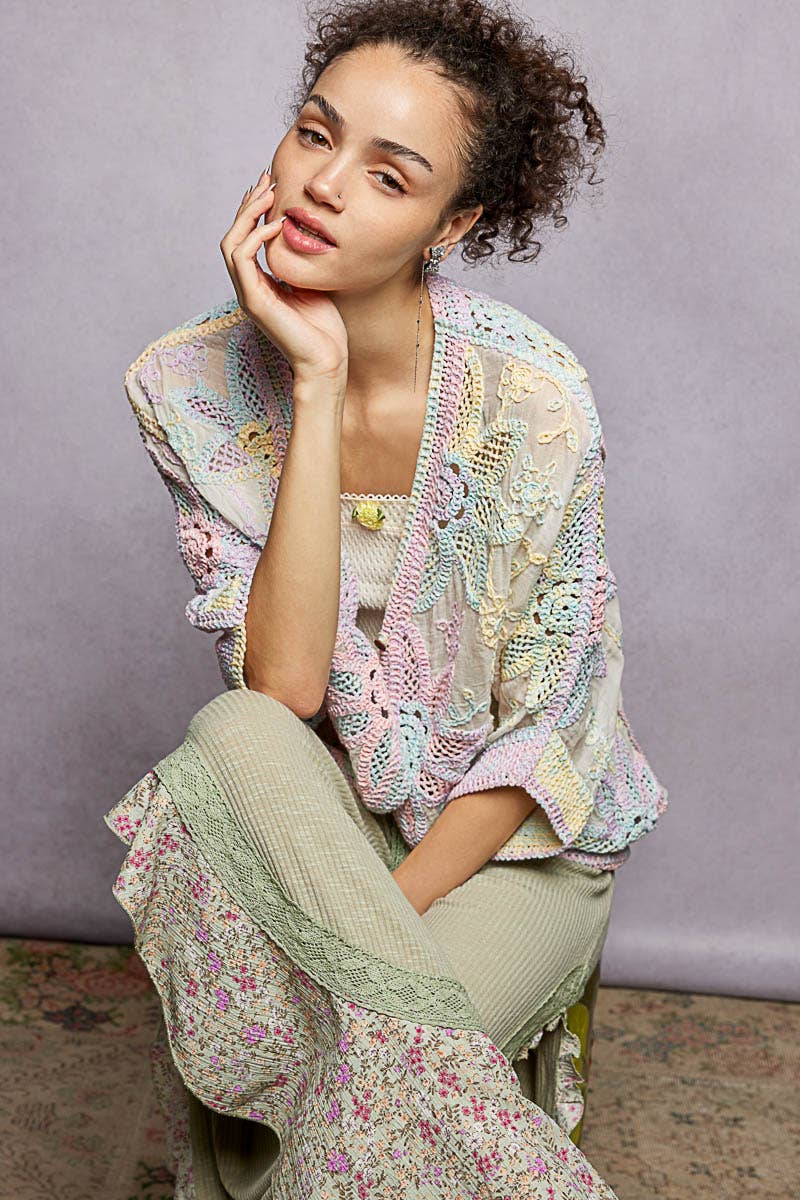 Oversized V-neck Batwing Sleeve Crochet Cardigan