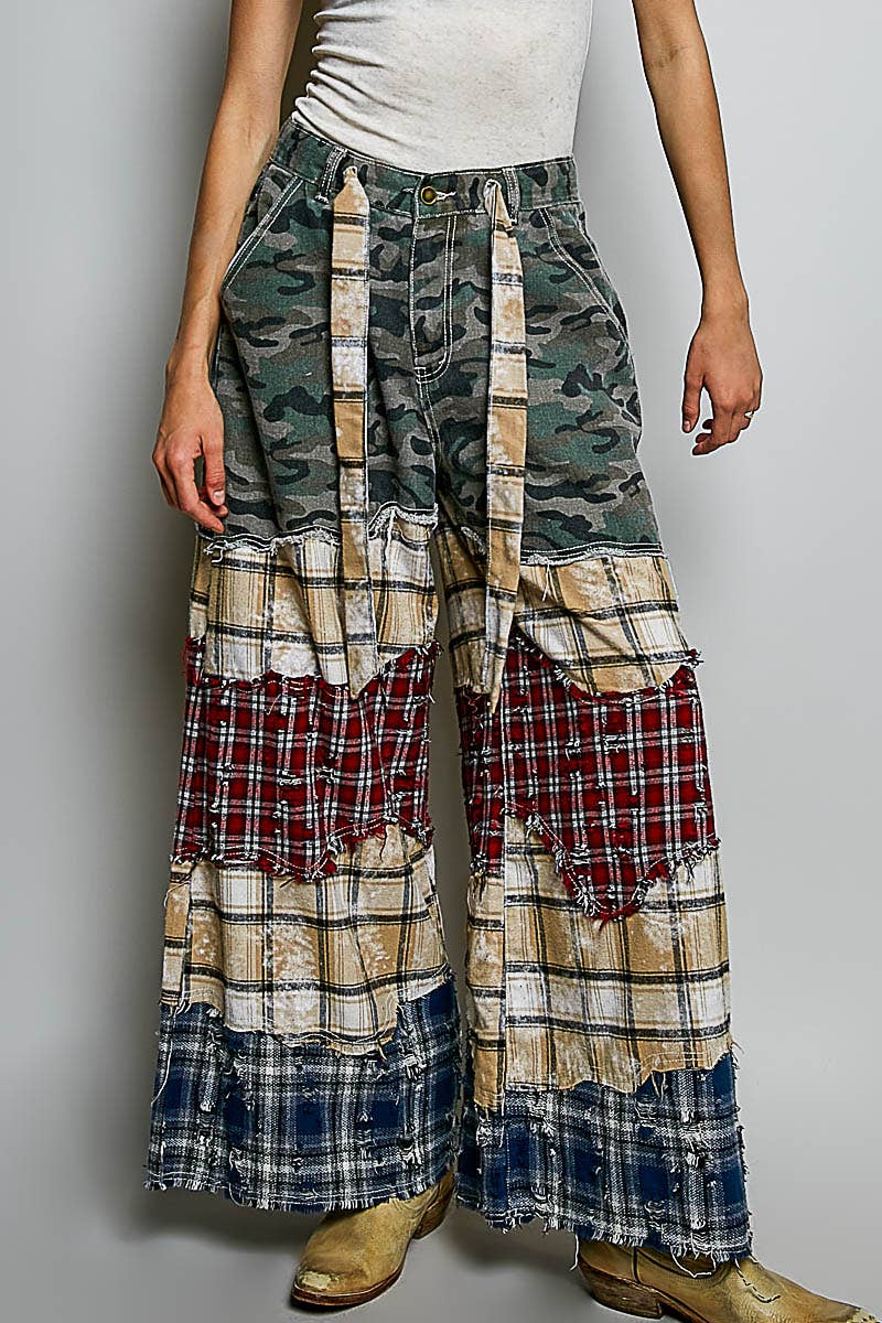 POL Varied Asymmetrical Patchwork Buckle Back Detail Woven Pants